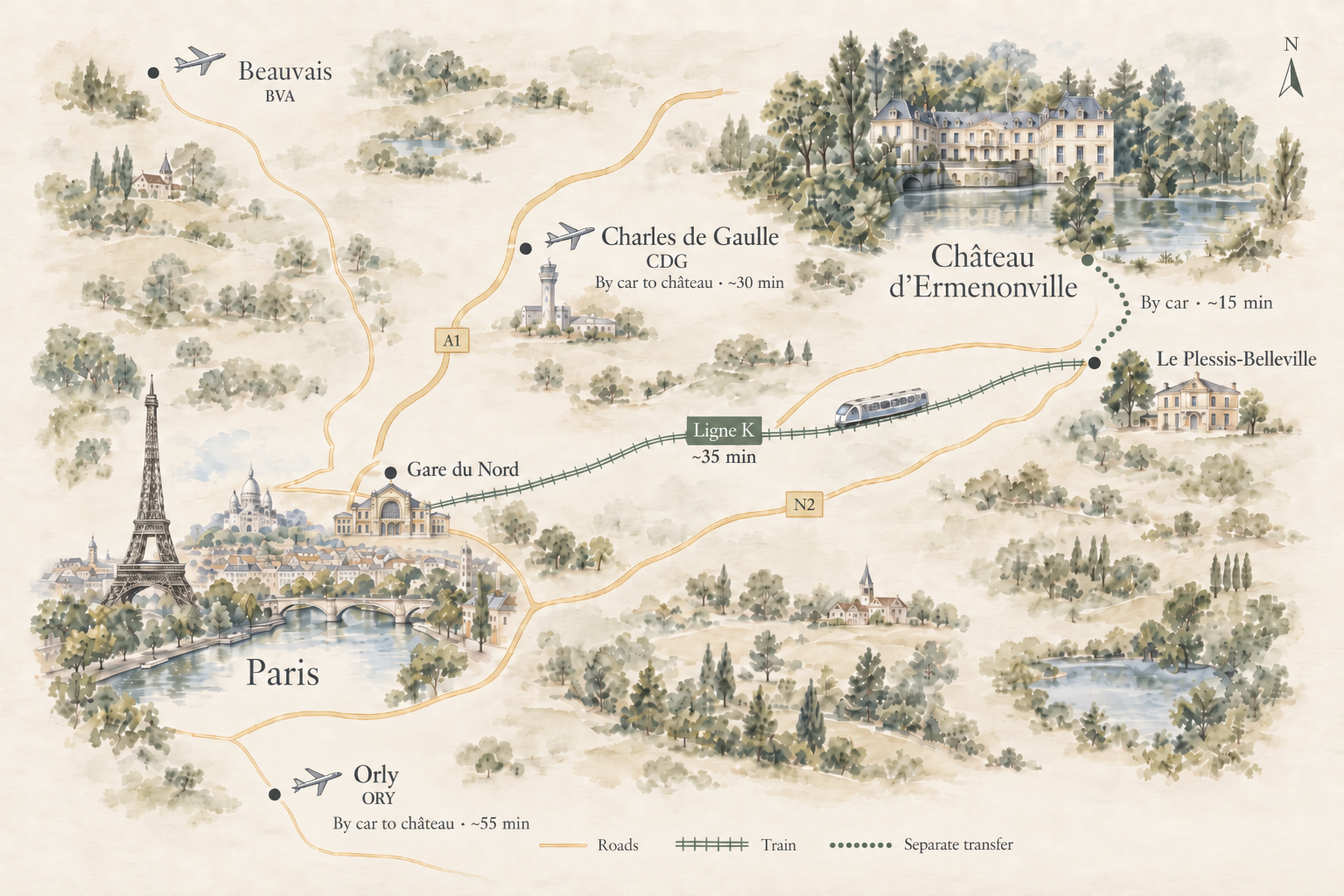 Carte illustrée de Paris, du château, des aéroports, des routes et de la ligne K via Le Plessis-Belleville